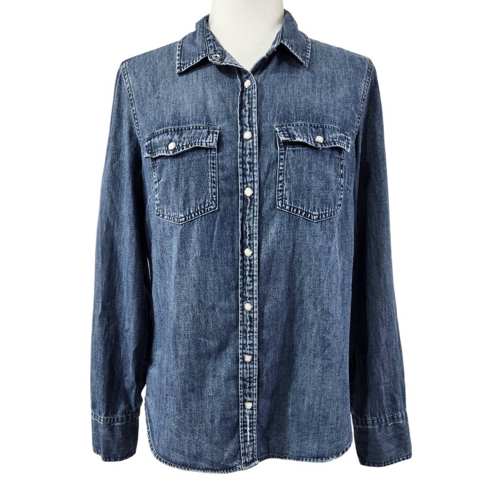 J. Crew 100% Cotton Western Chambray Snap-Up Shirt Vintage Indigo Boho G1394
